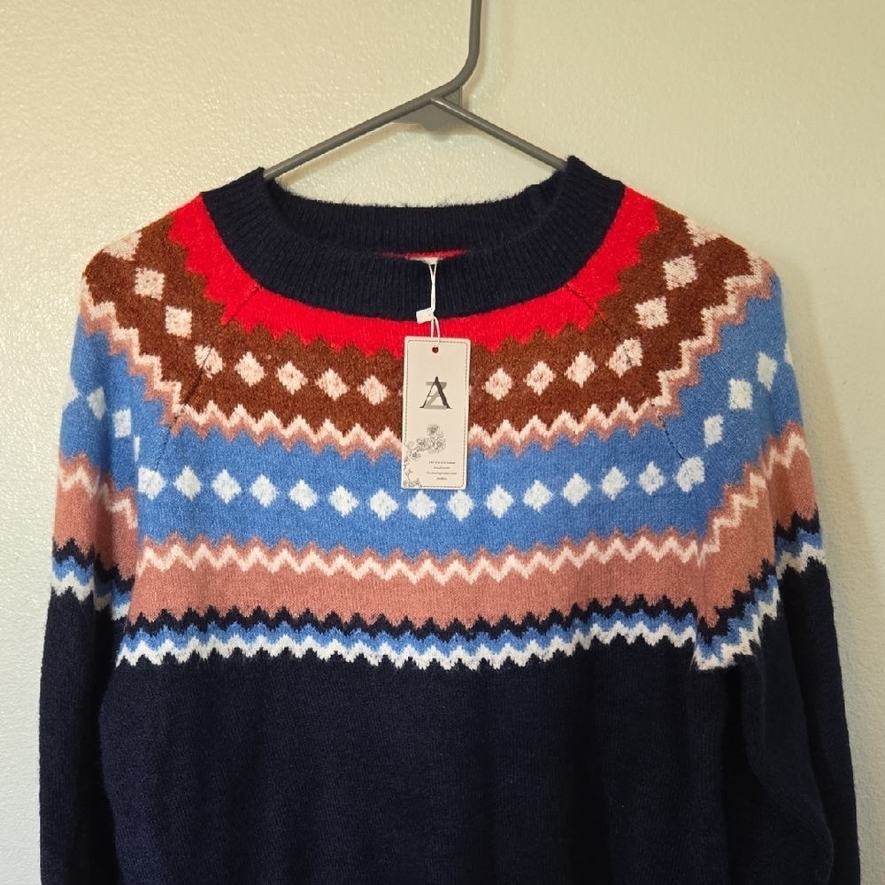 AZ | Navy Fair Isle Crew Neck Sweater Size Medium NWT